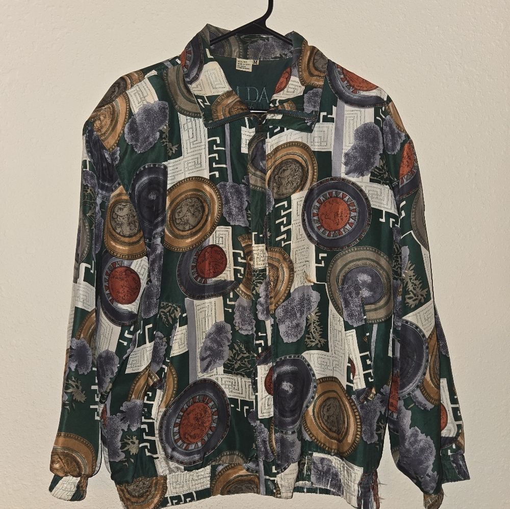 Vintage Huda International Green and Multicolor 100%Silk Jacket